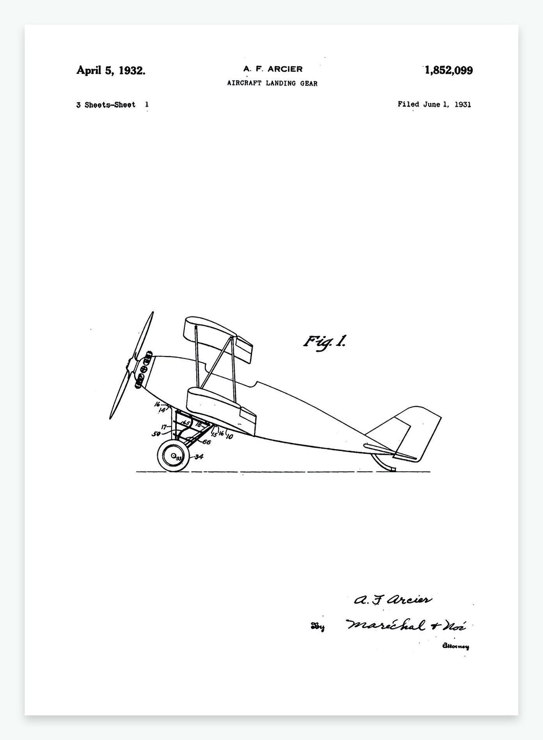 Landingsstel til flyvemaskine | Smukt patent til din væg | plakat | poster - decoARTE