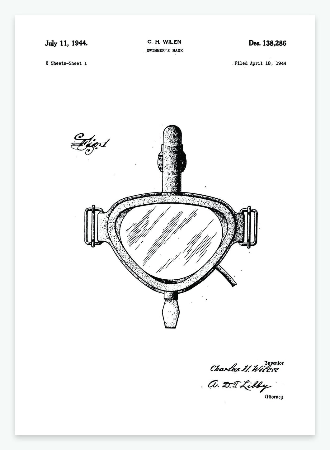 Svømmemaske | Smukt patent til din væg | plakat | poster - decoARTE